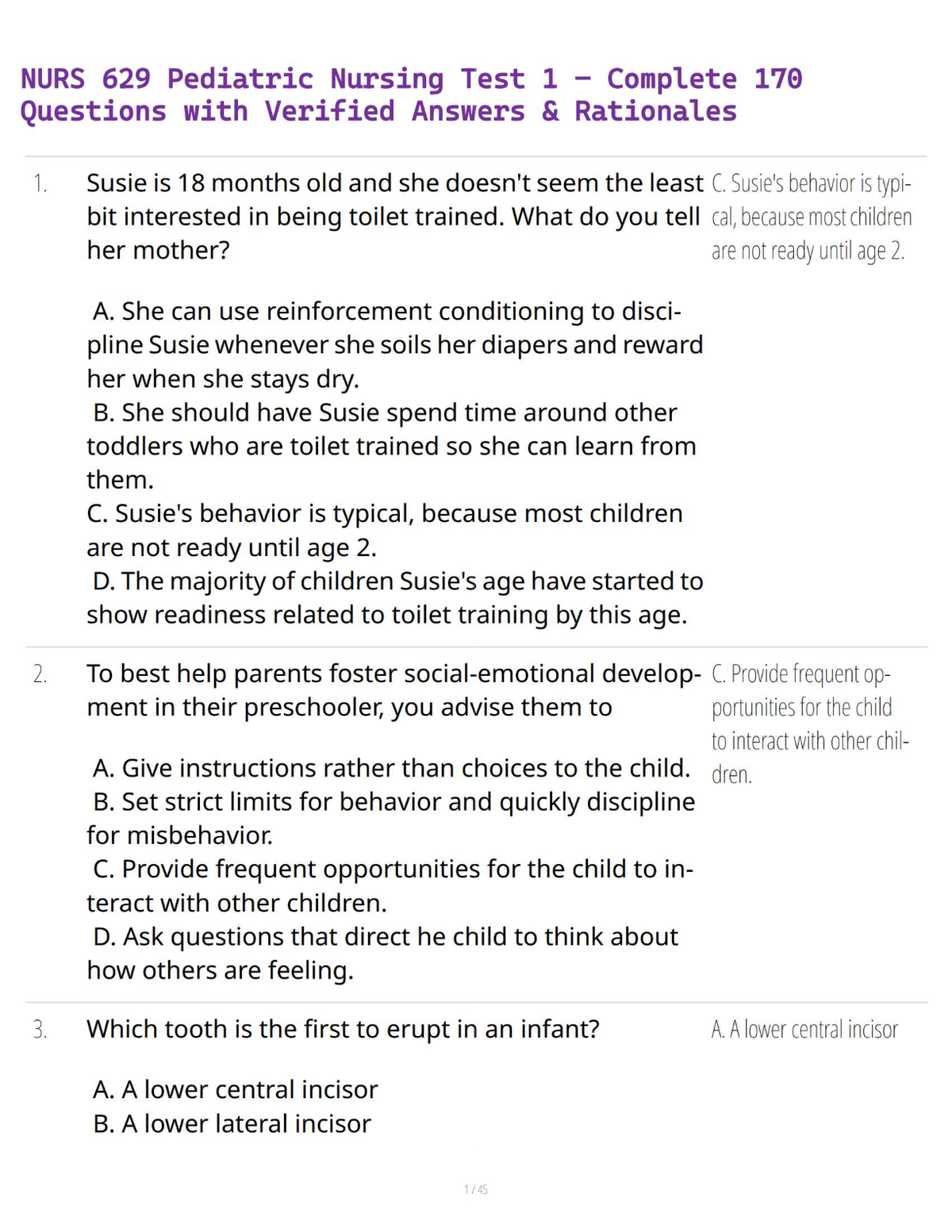 NURS 629 Pediatric Nursing Test 1 – Complete 170 Questions with Verified Answers & Rationales