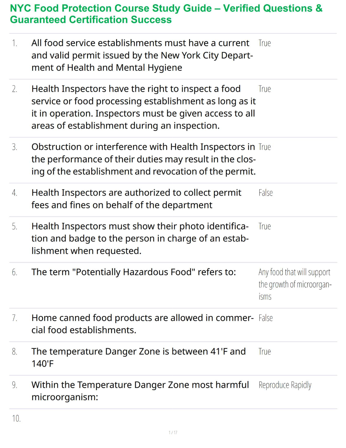 NYC Food Protection Course Study Guide – Verified Questions & Guaranteed Certification Success