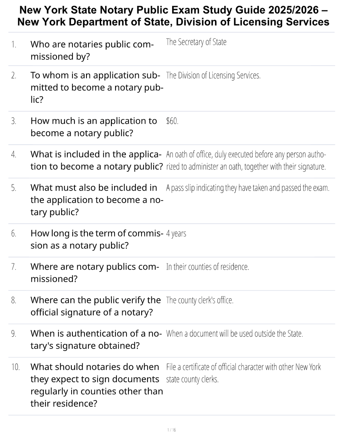 New York State Notary Public Exam Study Guide – New York Department of State, Division of Licensing Services