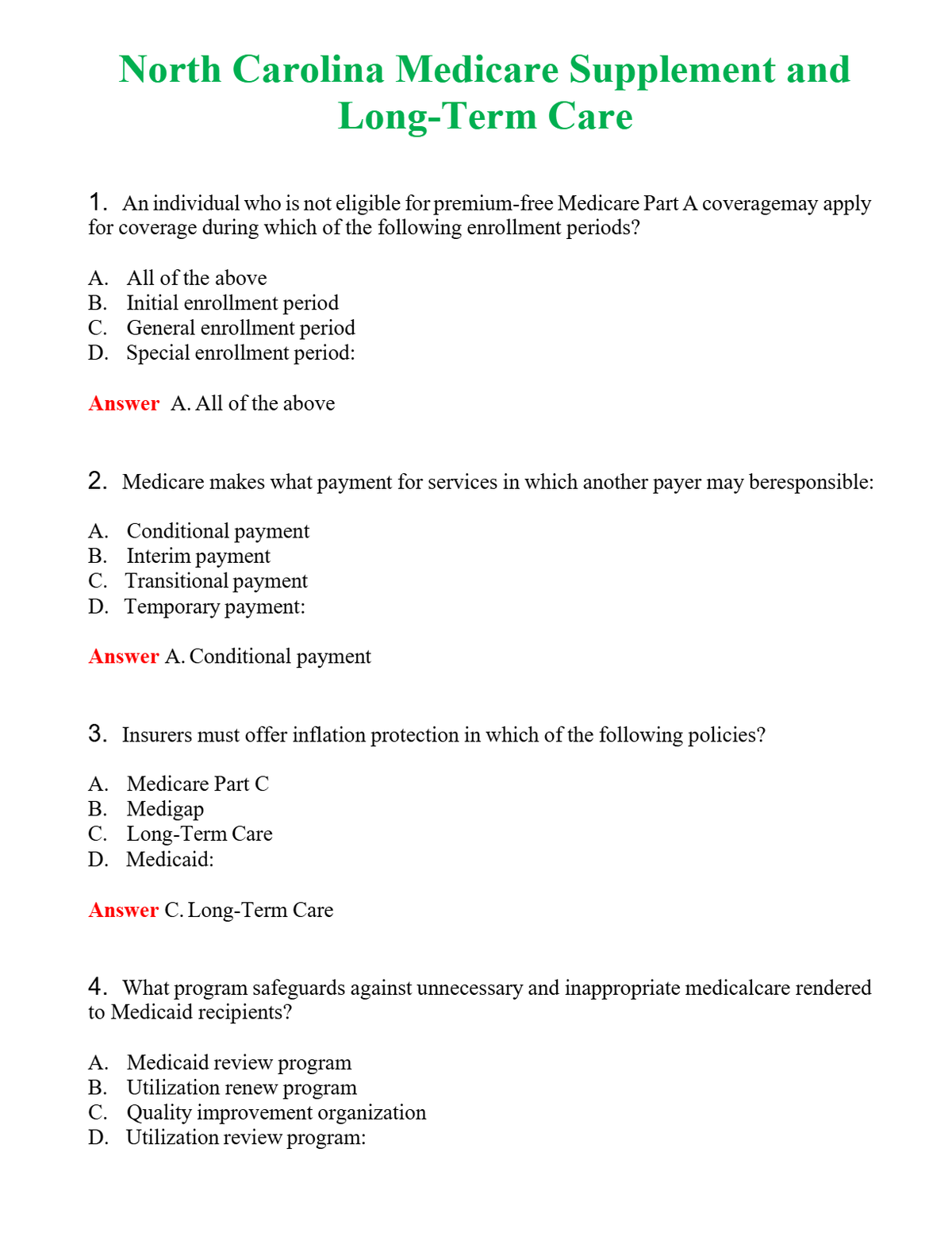 North Carolina Medicare Supplement and Long-Term Care | Actual Questions and Verified Answers ( Included ) 100% Correct