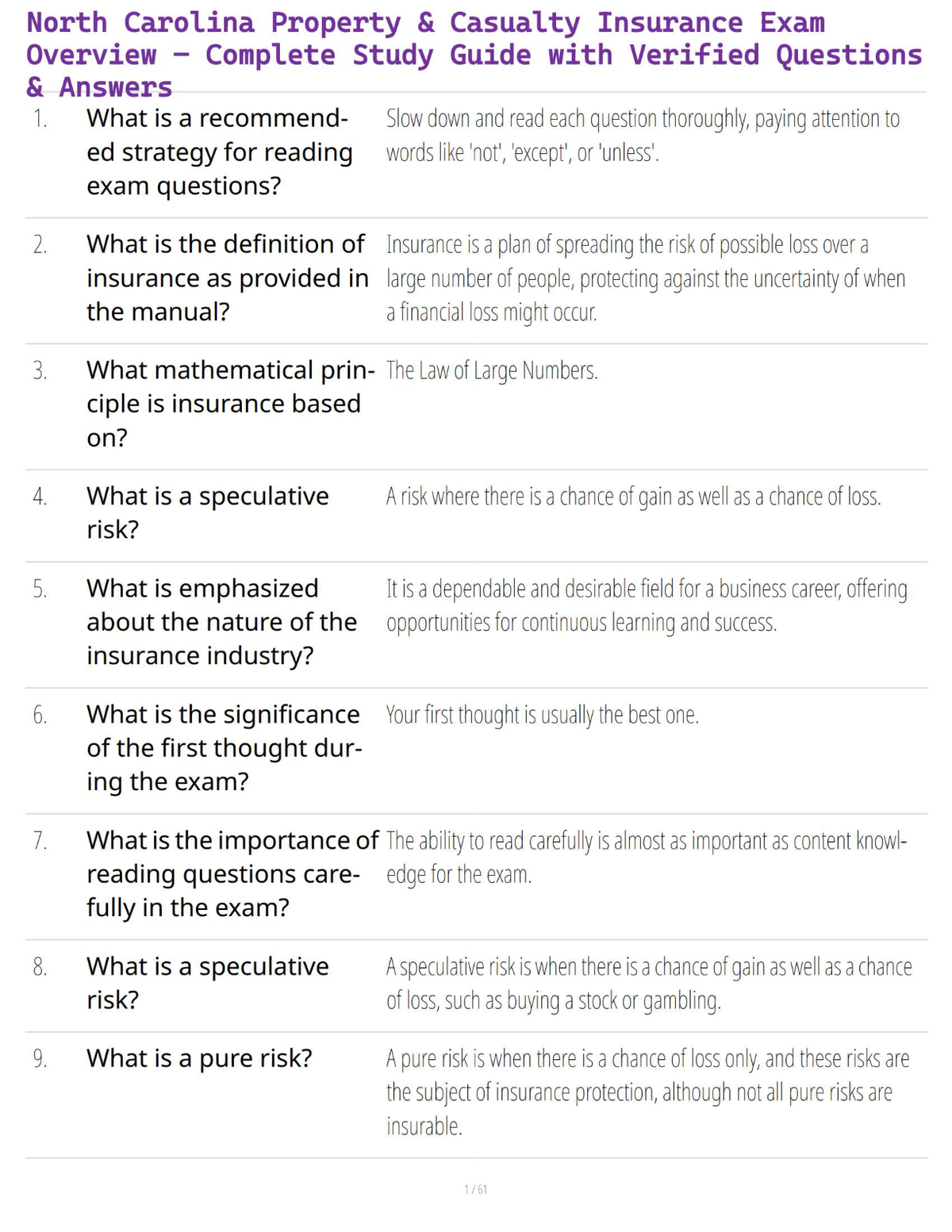 North Carolina Property & Casualty Insurance Exam Overview – Complete Study Guide with Verified Questions & Answers