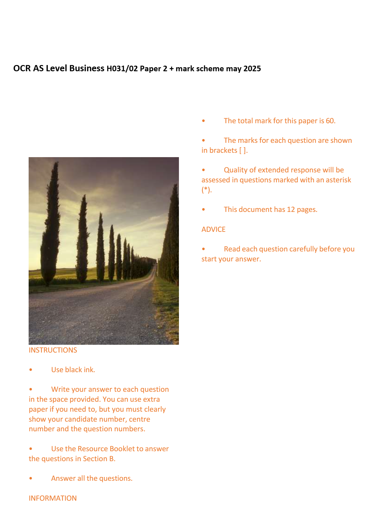 OCR AS Level Business H031/02 Paper 2 + mark scheme may 2025
