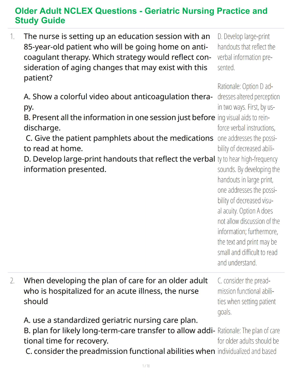 Older Adult NCLEX Questions - Geriatric Nursing Practice and Study Guide