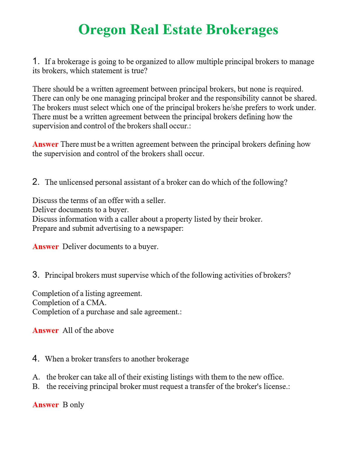 Oregon Real Estate Brokerages Questions With Complete Grade A+ Answers