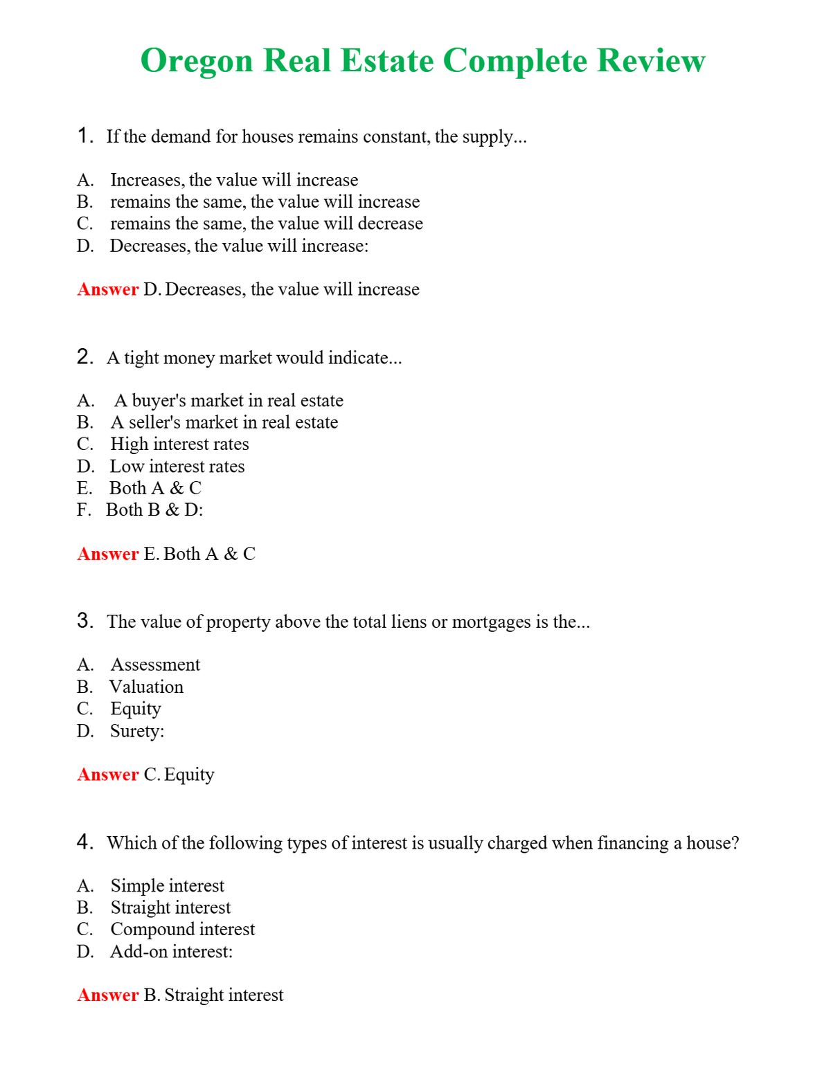 Oregon Real Estate Complete Review Questions With Complete Grade A+ Answers