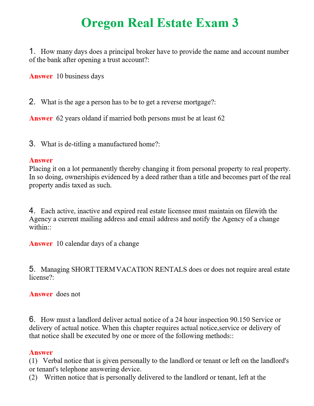 Oregon Real Estate Exam 3 Questions With Complete Grade A+ Answers