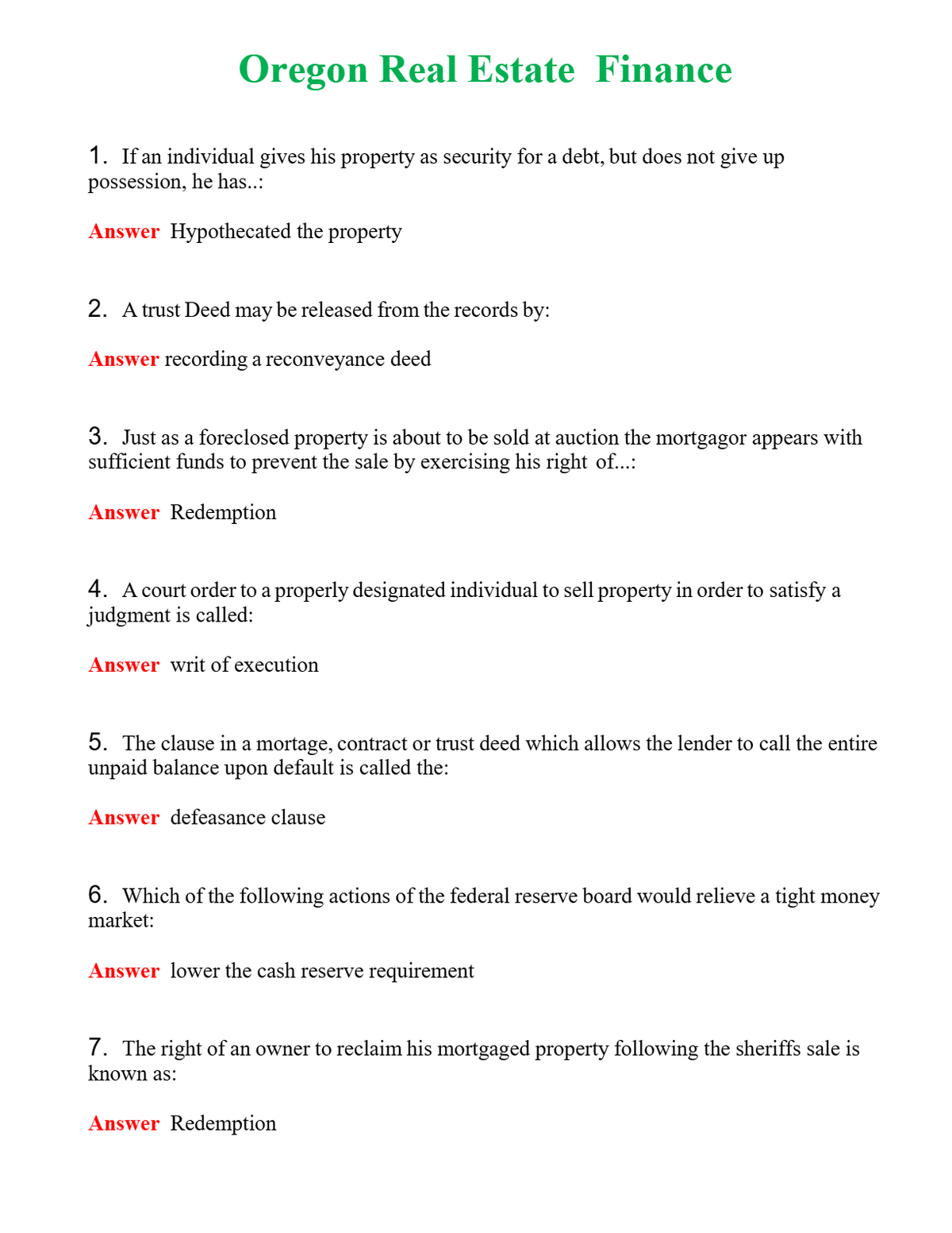 Oregon Real Estate Finance Questions With Complete Grade A+ Answers