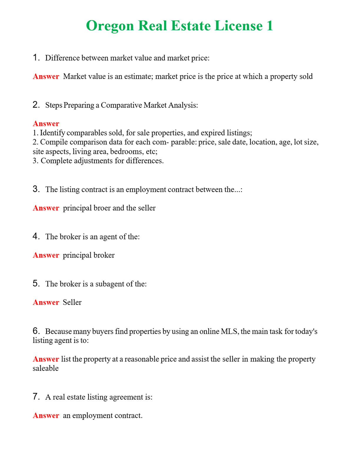 Oregon Real Estate License 1 Questions With Complete Grade A+ Answers