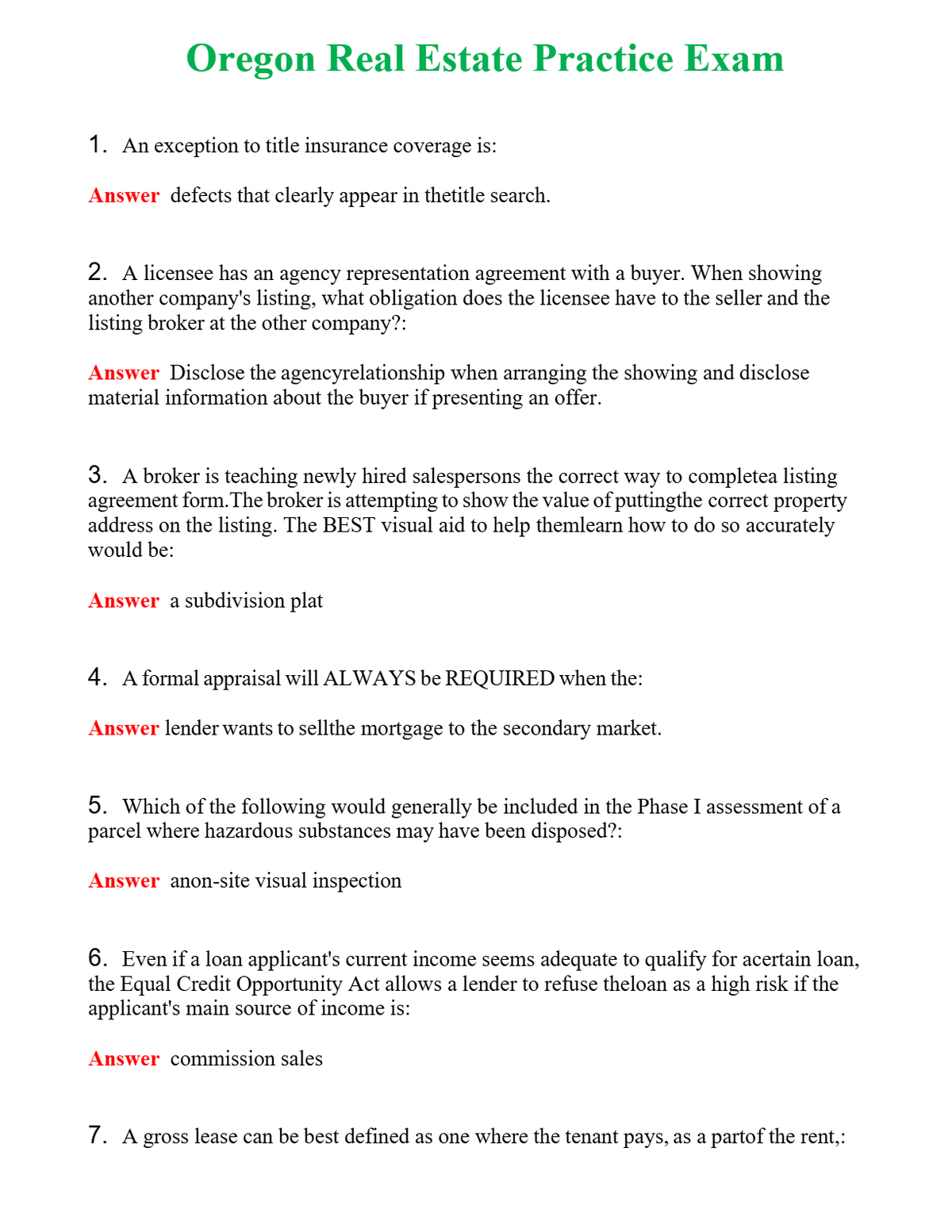Oregon Real Estate Practice Exam Questions With Complete Grade A+ Answers