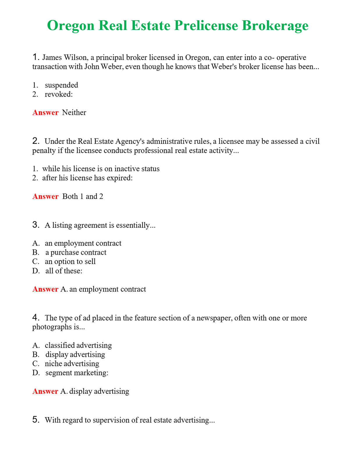 Oregon Real Estate Prelicense Brokerage Questions With Complete Grade A+ Answer