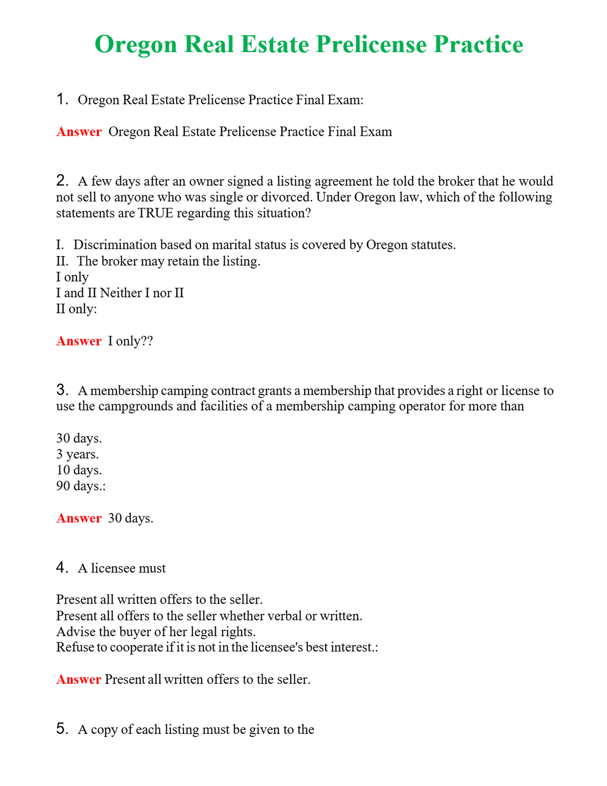 Oregon Real Estate Prelicense Practice Questions With Complete Grade A+ Answers
