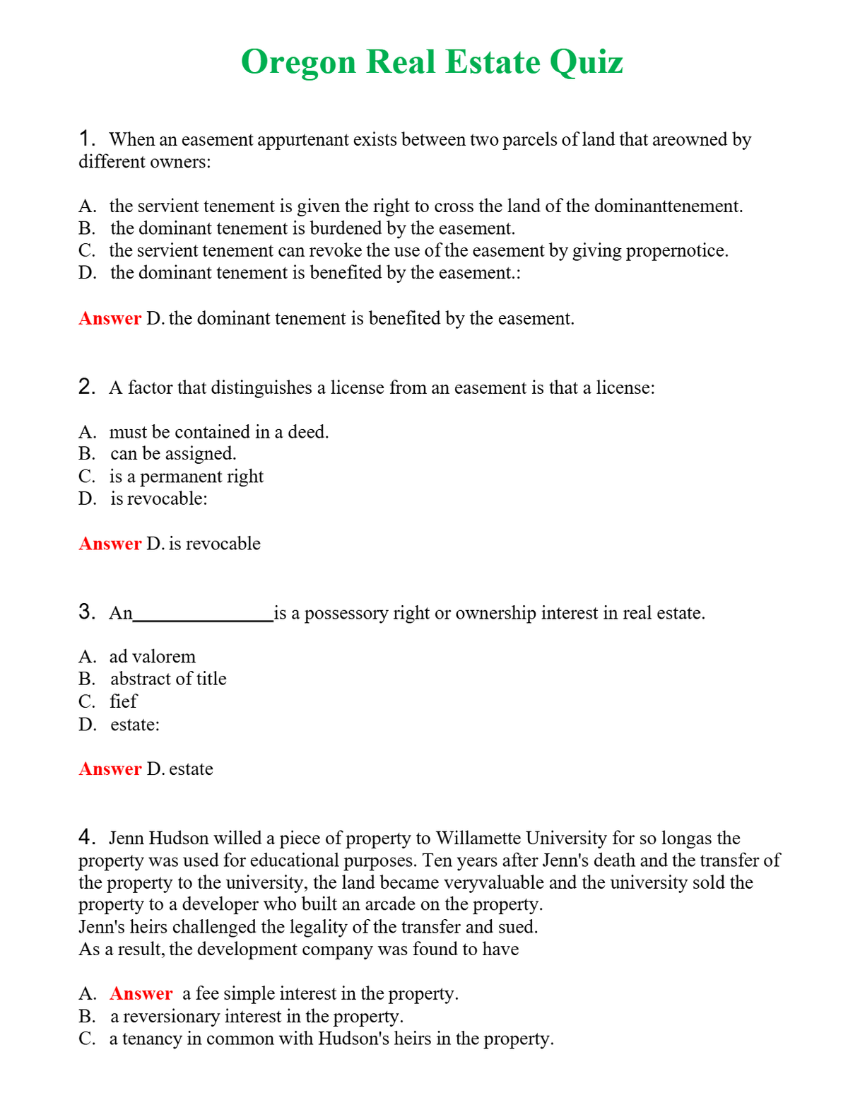 Oregon Real Estate Quiz Questions With Complete Grade A+ Answers