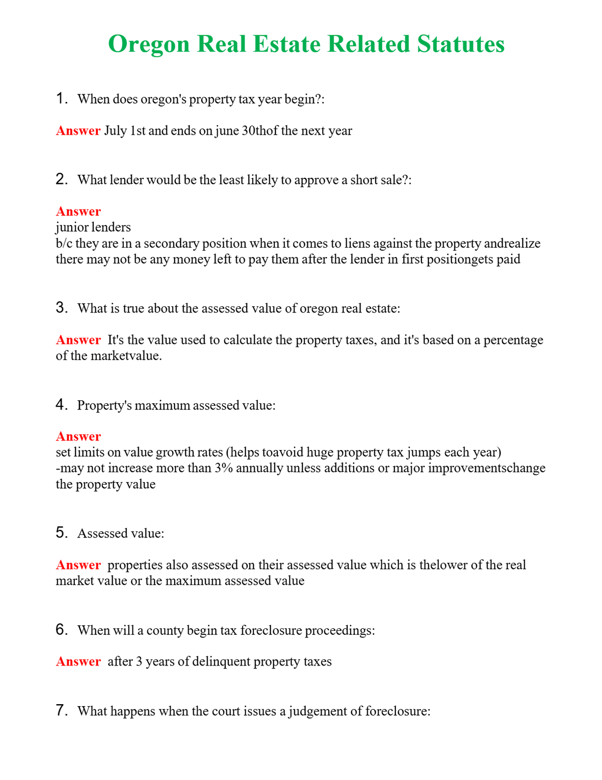 Oregon Real Estate Related Statutes Questions With Complete Grade A+ Answers