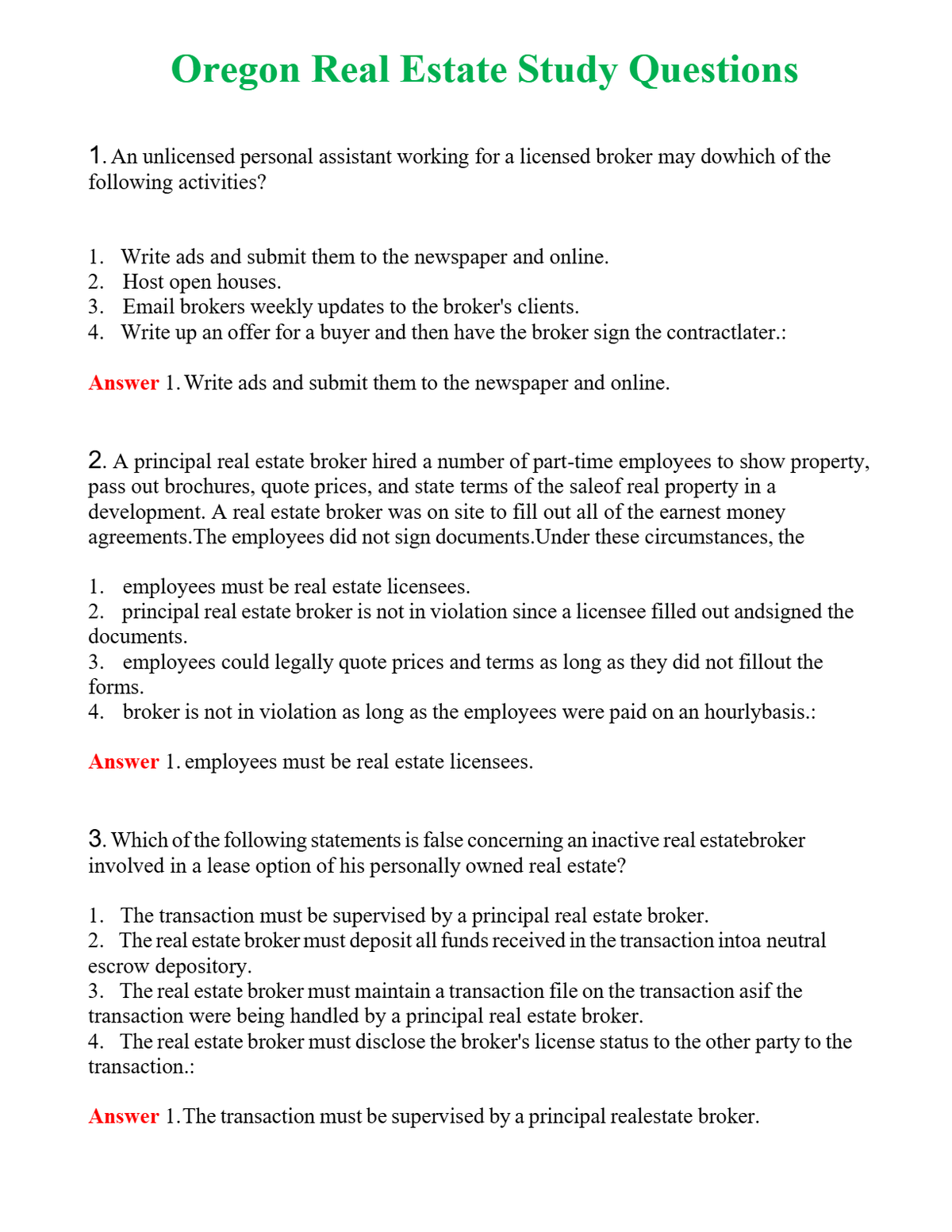 Oregon Real Estate Study Questions Questions With Complete Grade A+ Answers