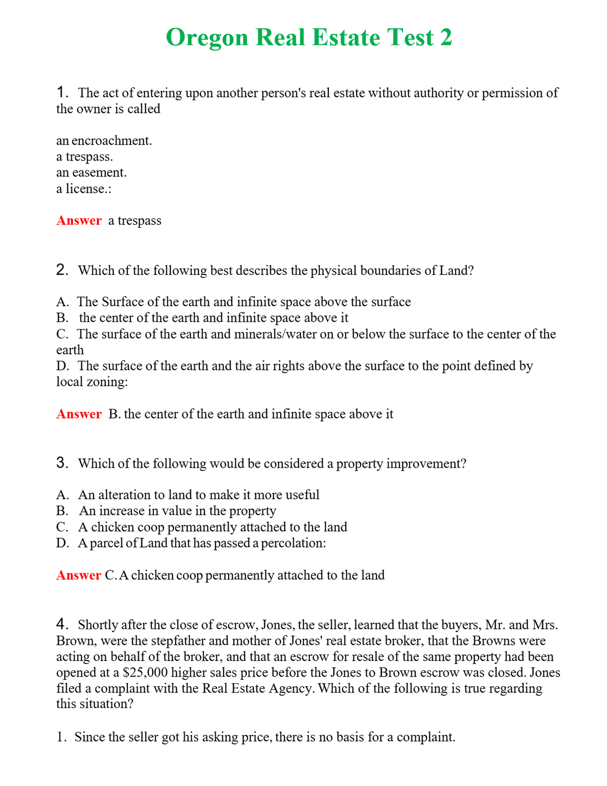 Oregon Real Estate Test 2 Questions With Complete Grade A+ Answers