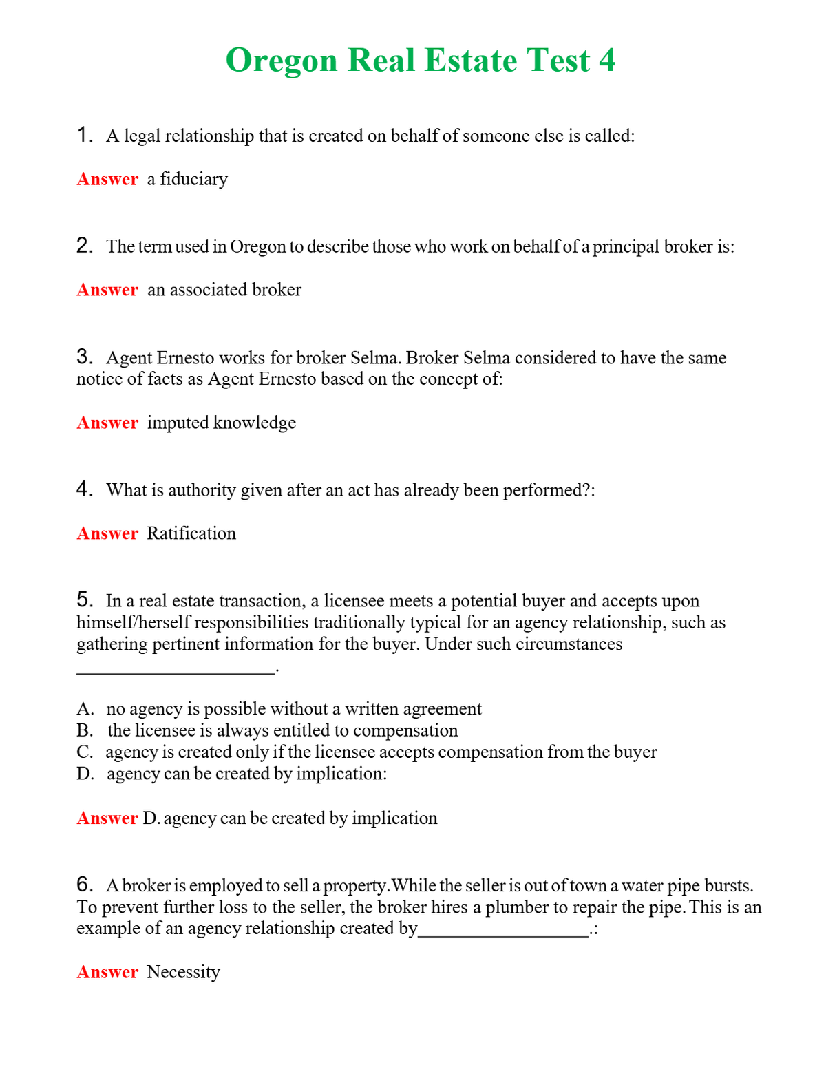 Oregon Real Estate Test 4 Questions With Complete Grade A+ Answers