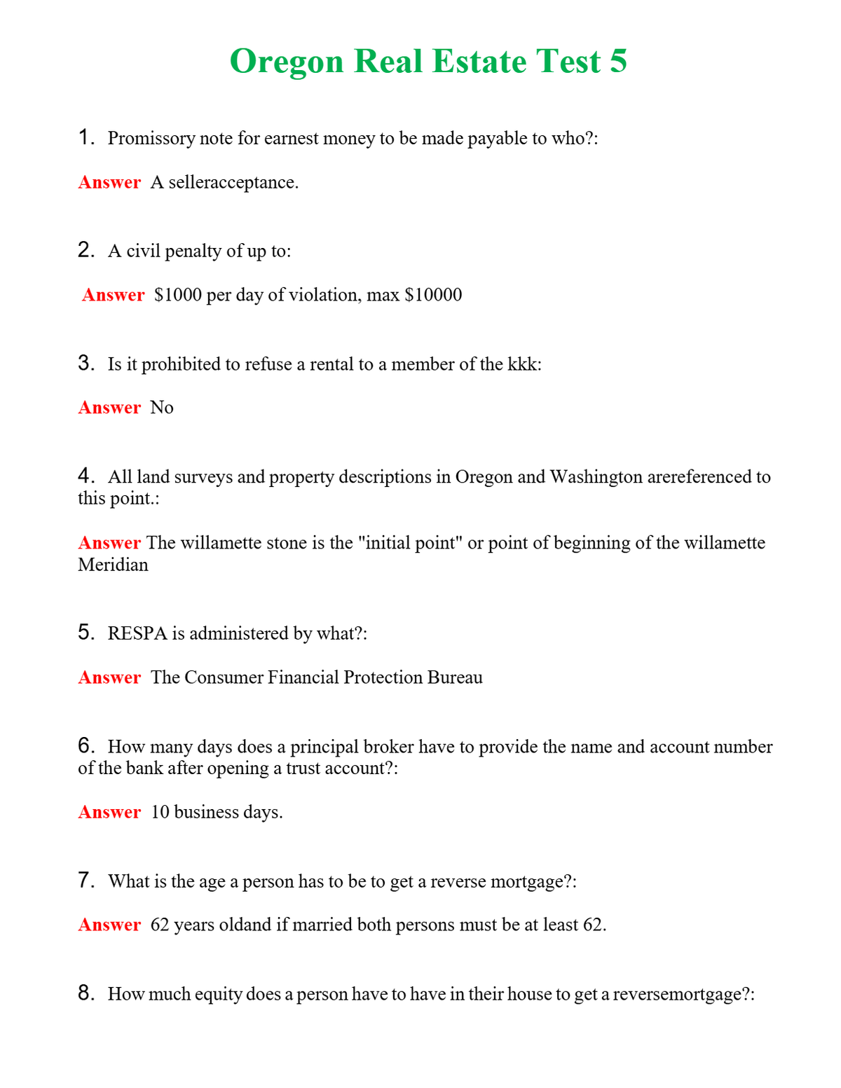 Oregon Real Estate Test 5 Questions With Complete Grade A+ Answers