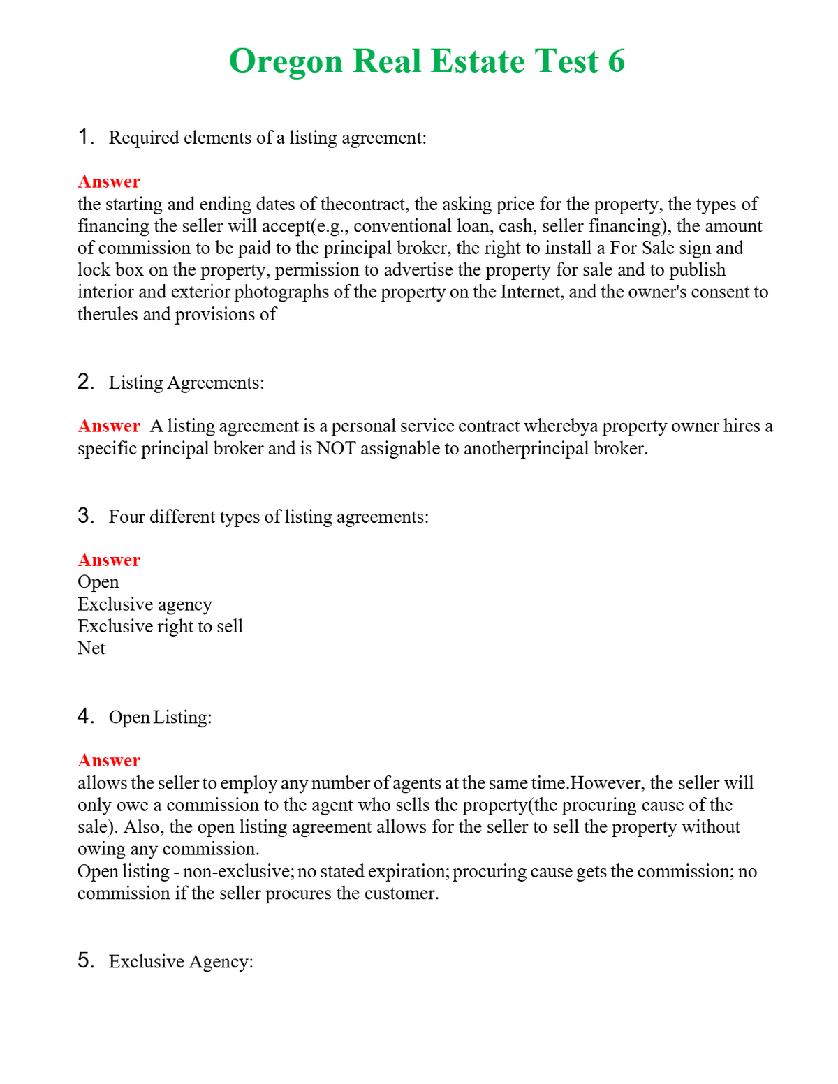 Oregon Real Estate Test 6 Questions With Complete Grade A+ Answers