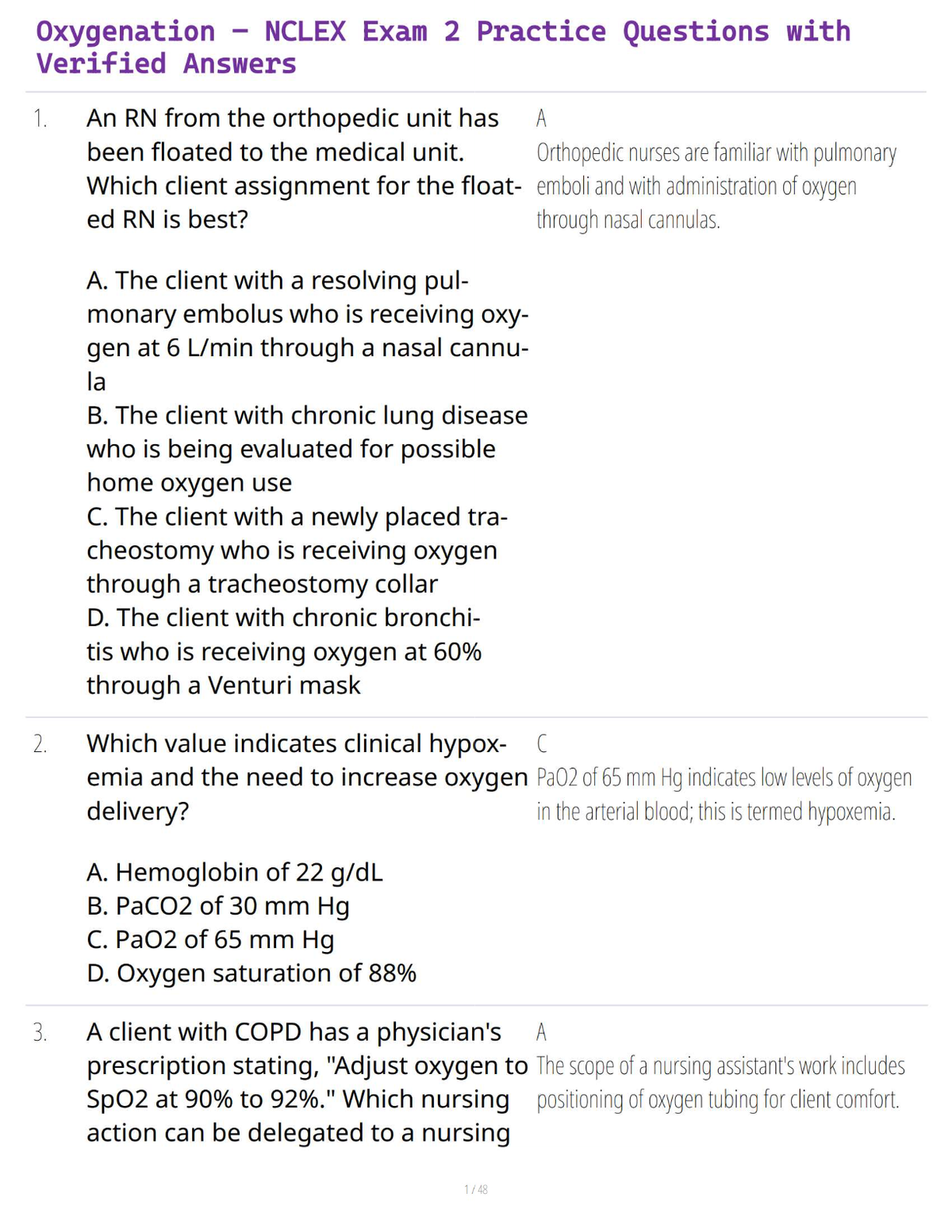 Oxygenation – NCLEX Exam 2 Practice Questions with Verified Answers