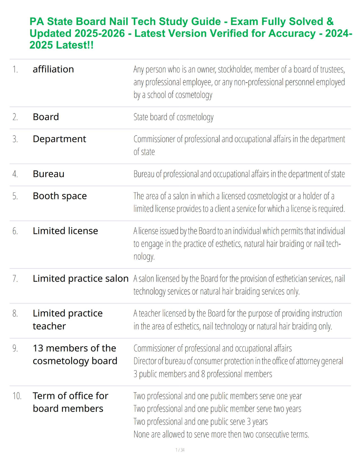 PA State Board Nail Tech Study Guide - Exam Fully Solved & Updated 2025-2026 - Latest Version Verified for Accuracy - 2024-2025 Latest!!