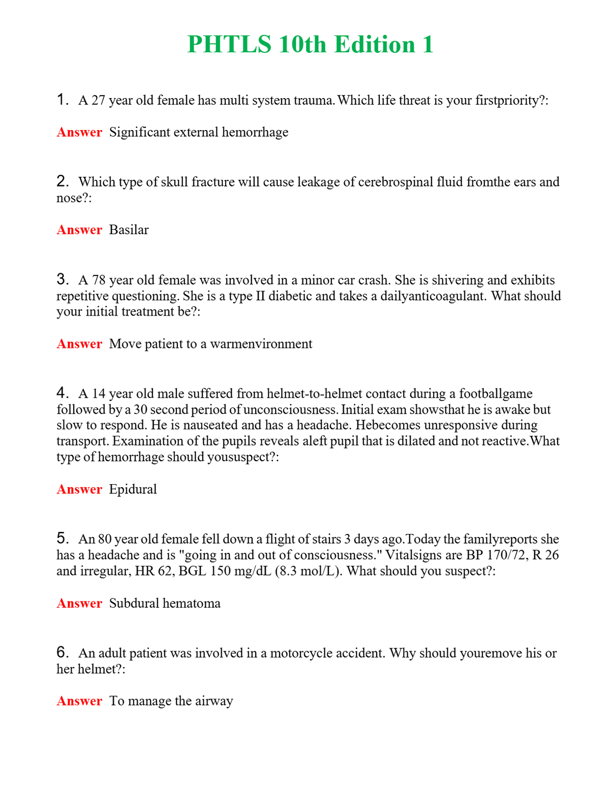PHTLS 10th Edition 1 Questions With Complete Grade A+ Answers