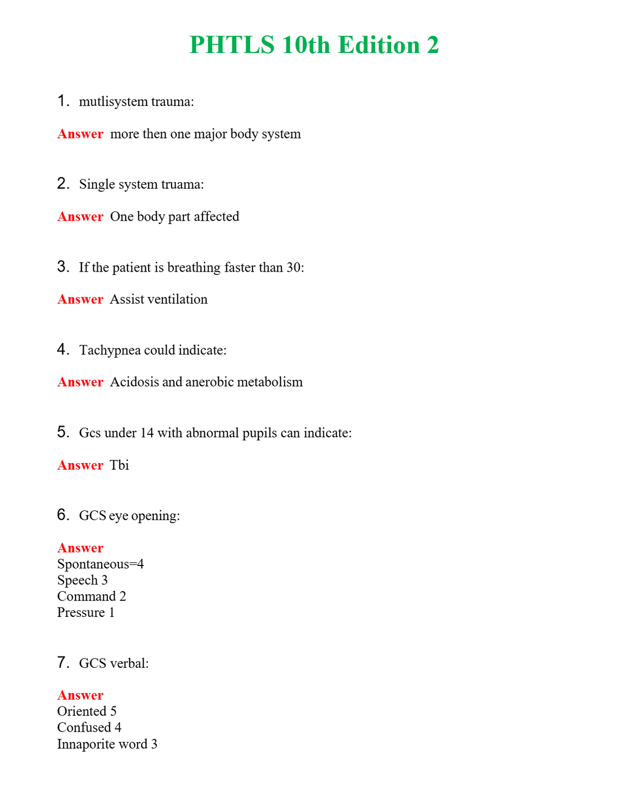 PHTLS 10th Edition 2 Questions With Complete Grade A+ Answers
