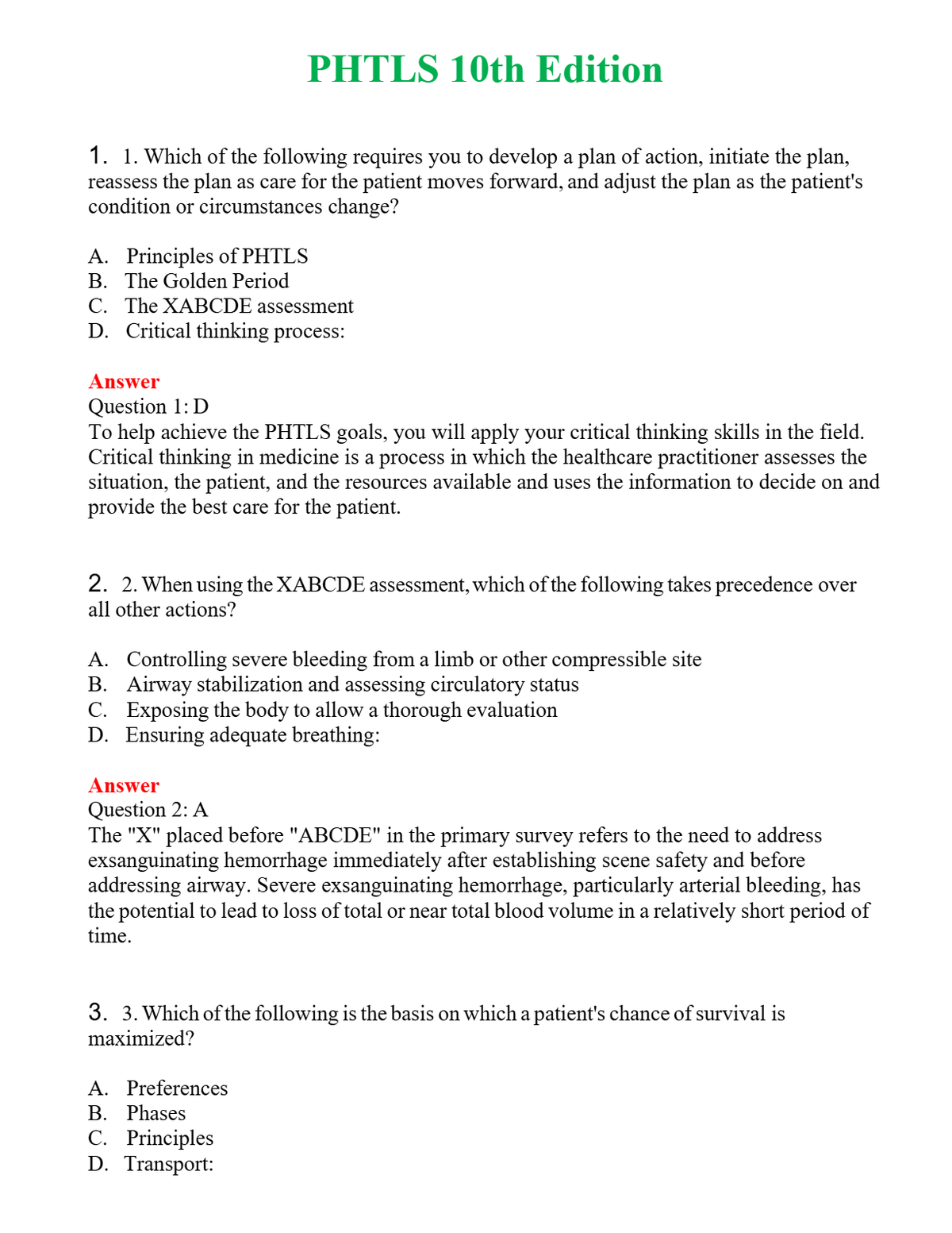 PHTLS 10th Edition Questions With Complete Grade A+ Answers