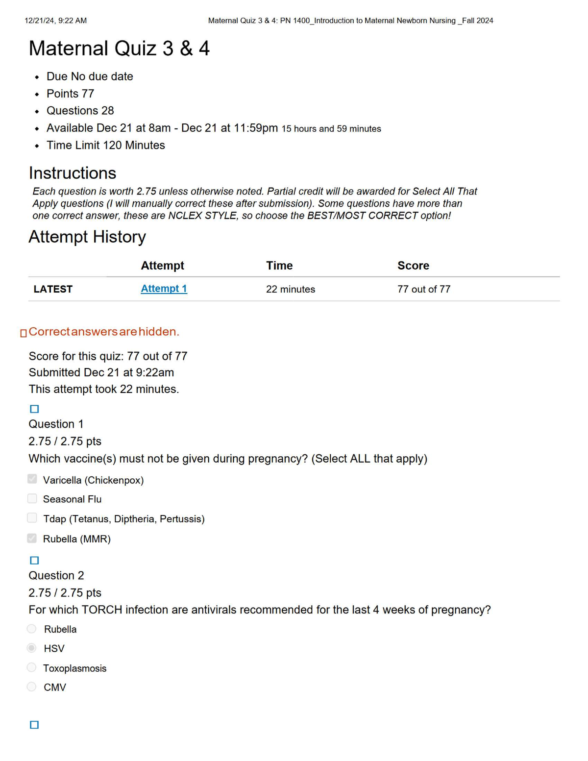 PN 1400 Maternal Newborn Nursing – Quiz 3 & 4 Study Guide with Questions & Answers (Fall 2024)