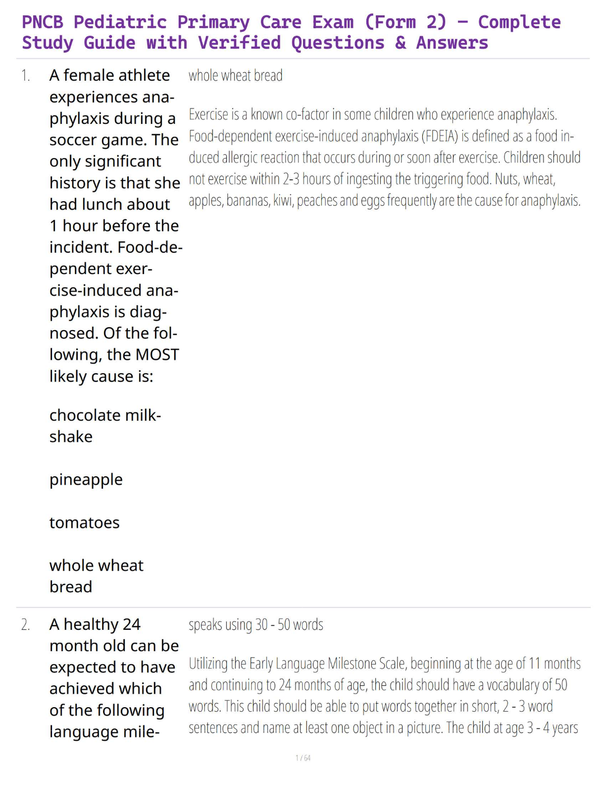 PNCB Pediatric Primary Care Exam (Form 2) – Complete Study Guide with Verified Questions & Answers