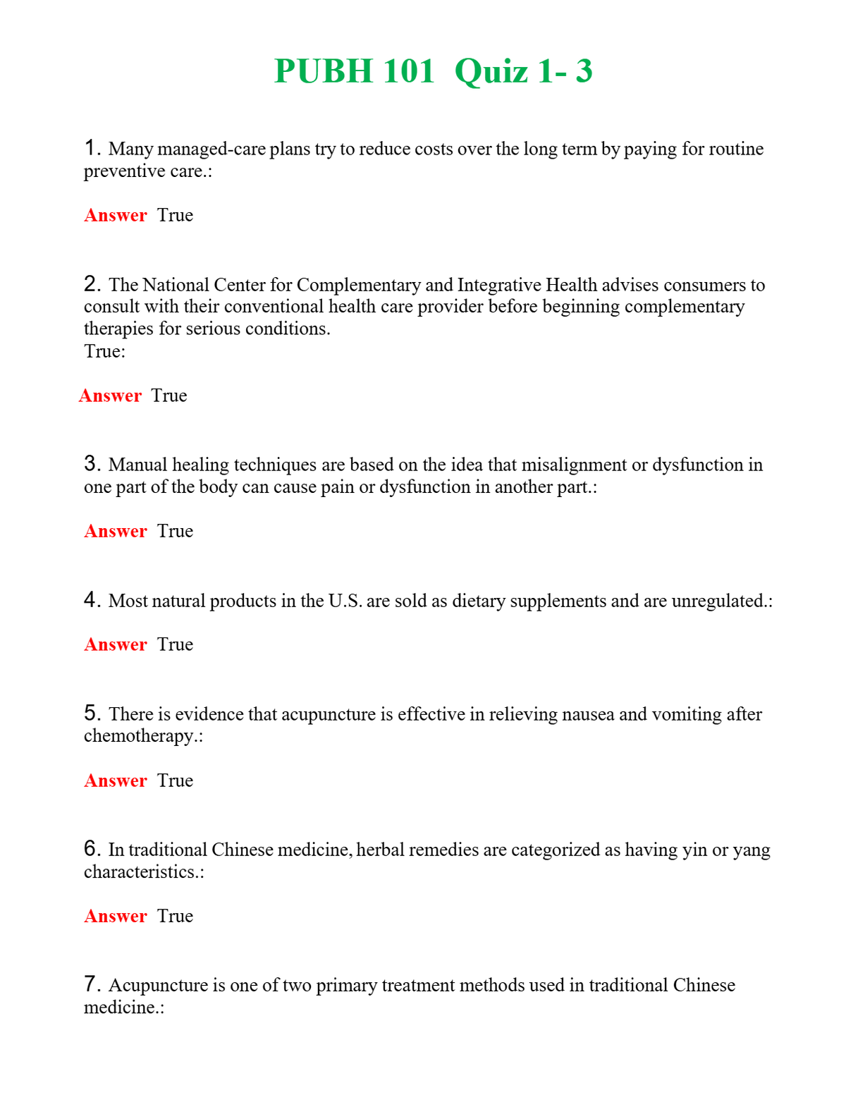 PUBH 101 Quiz 1- 3 | Actual Questions and Verified Answers ( Included ) 100% Correct