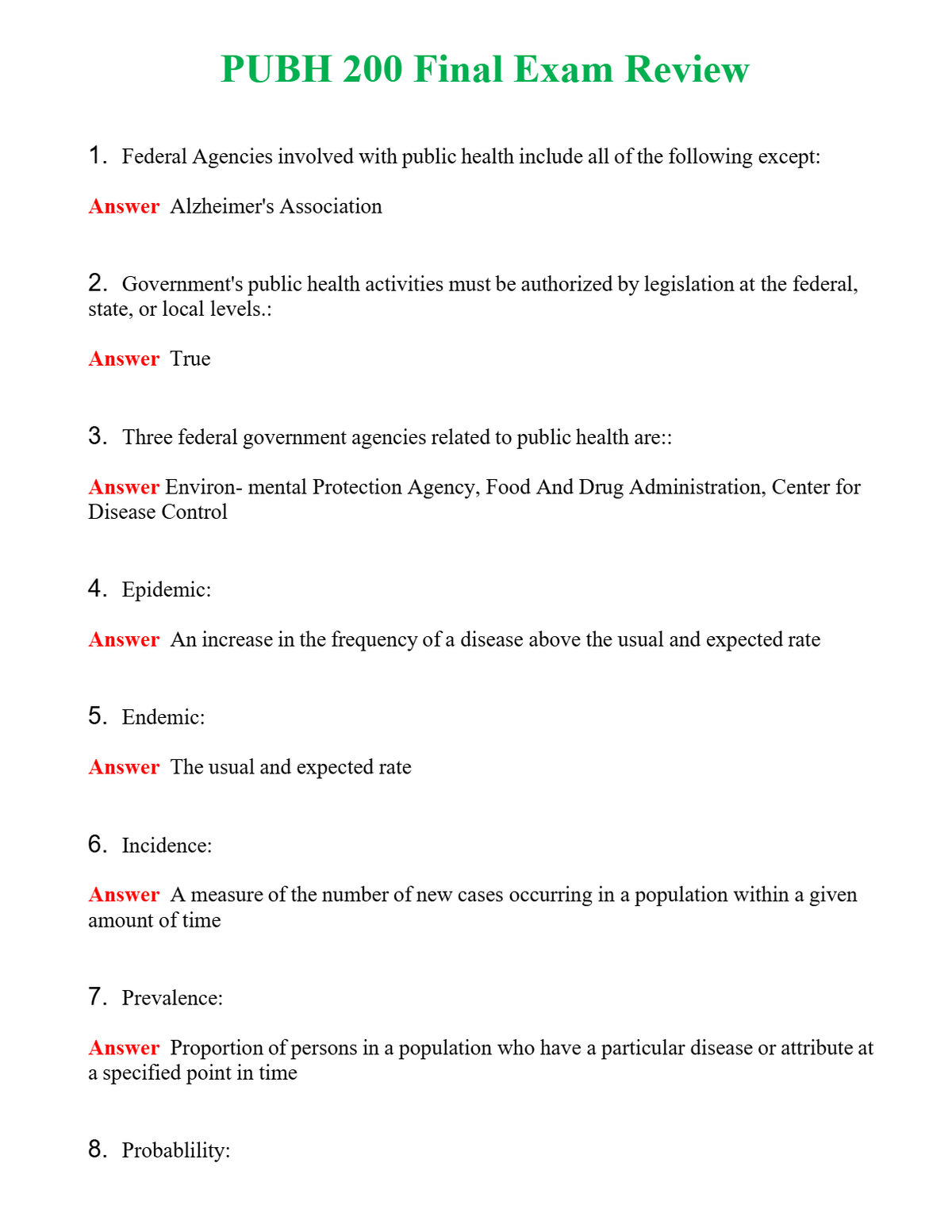 PUBH 200 Final Exam Review | Actual Questions and Verified Answers ( Included ) 100% Correct