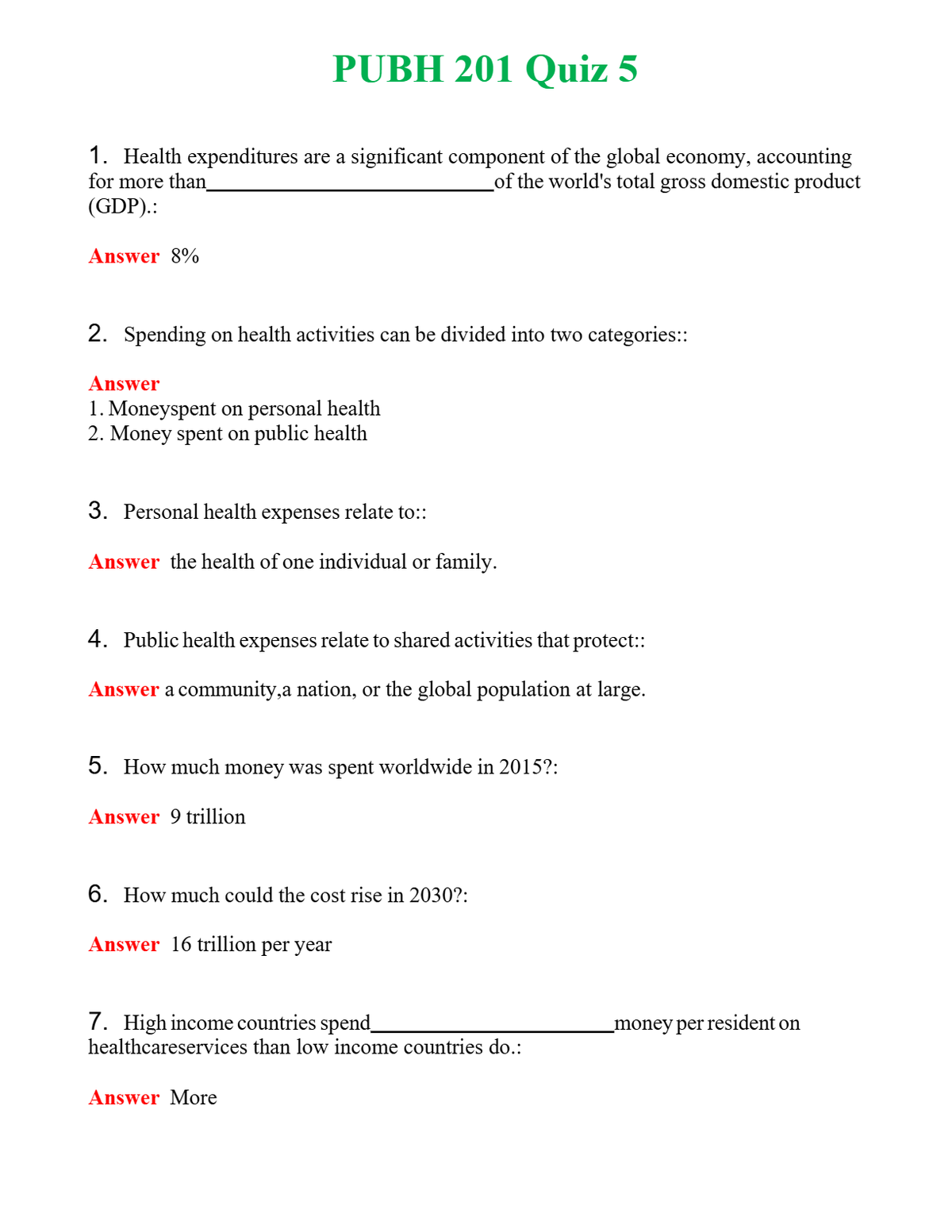 PUBH 201 Quiz 5 | Actual Questions and Verified Answers ( Included ) 100% Correct
