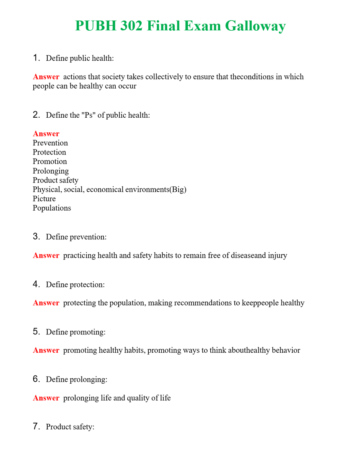 PUBH 302 Final Exam Galloway | Actual Questions and Verified Answers ( Included ) 100% Correct