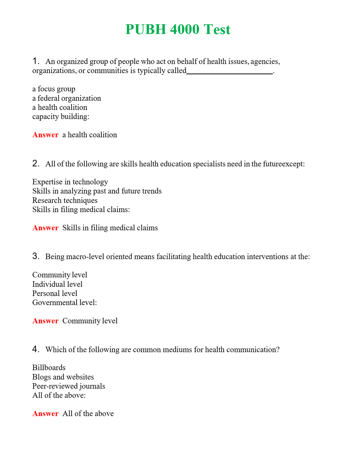 PUBH 4000 Test | Actual Questions and Verified Answers ( Included ) 100% Correct
