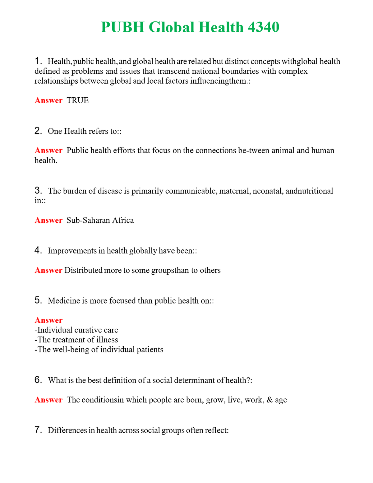 PUBH Global Health 4340 | Actual Questions and Verified Answers ( Included ) 100% Correct