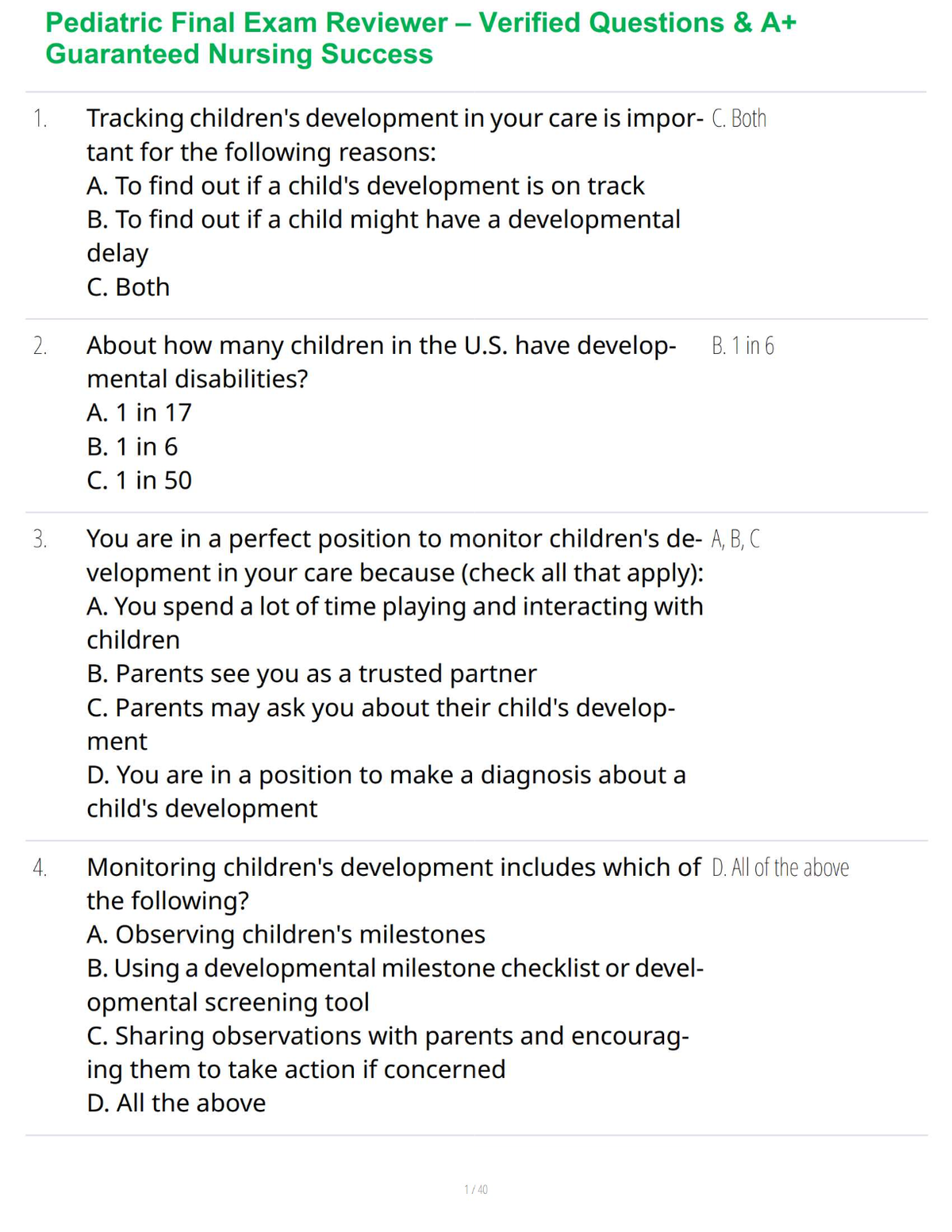 Pediatric Final Exam Reviewer – Verified Questions & A+ Guaranteed Nursing Success