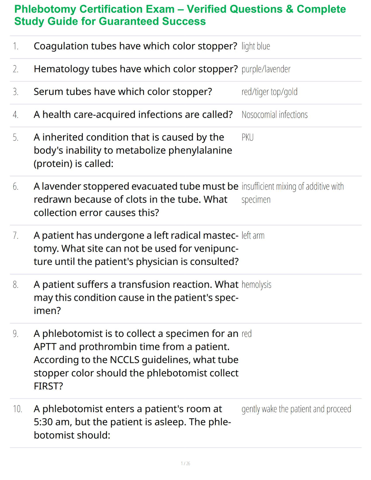 Phlebotomy Certification Exam – Verified Questions & Complete Study Guide for Guaranteed Success