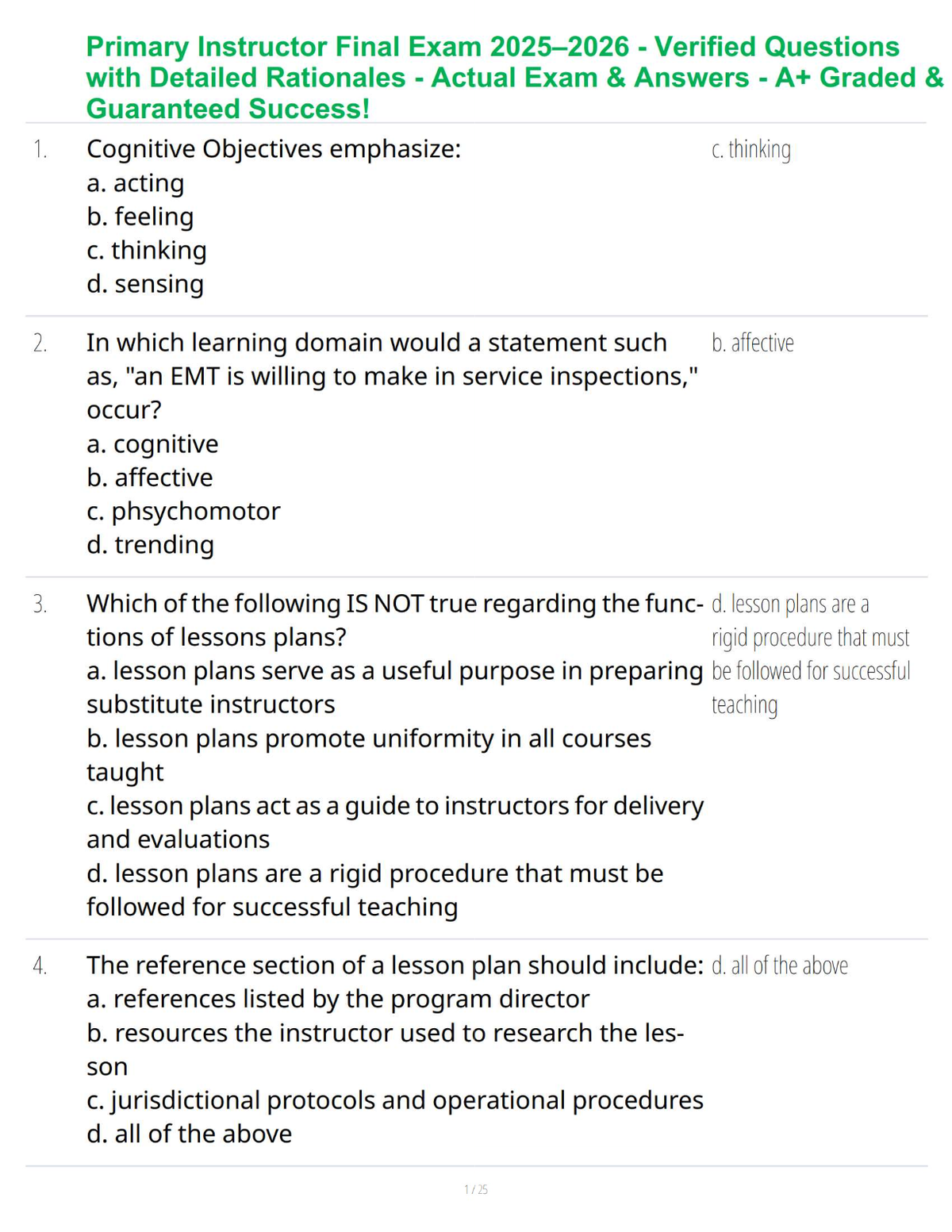 Primary Instructor Final Exam 2025–2026 - Comprehensive Questions & Verified Answers - Actual Exam Test - A+ Graded & Guaranteed Success!