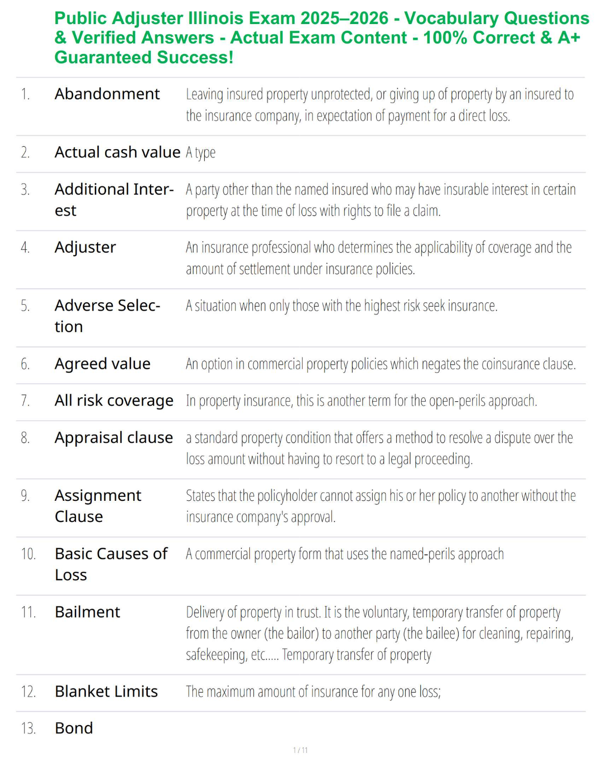 Public Adjuster Illinois Exam 2025–2026 - Vocabulary Questions & Verified Answers - Actual Exam Content - 100% Correct & A+ Guaranteed Success!