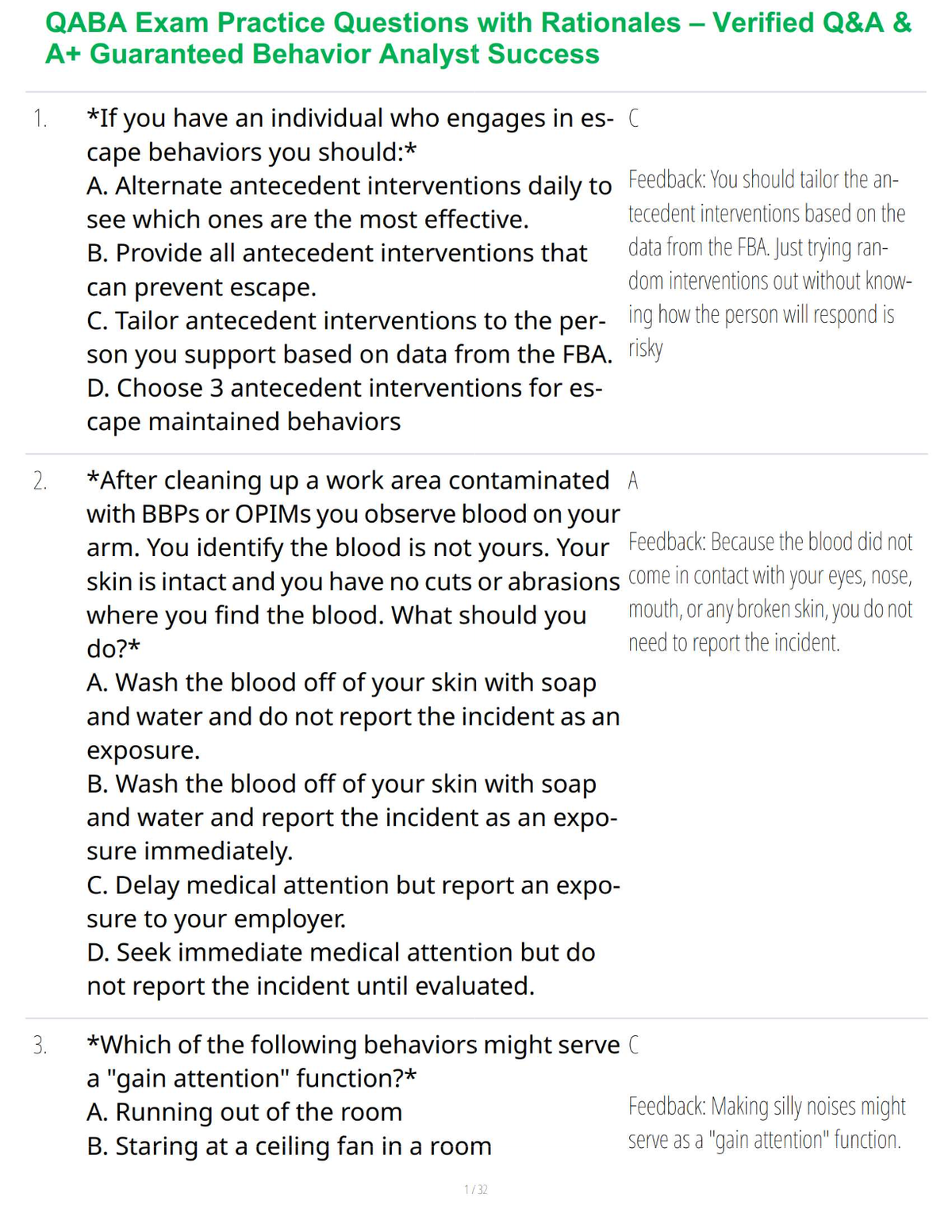 QABA Exam Practice Questions with Rationales – Verified Q&A & A+ Guaranteed Behavior Analyst Success