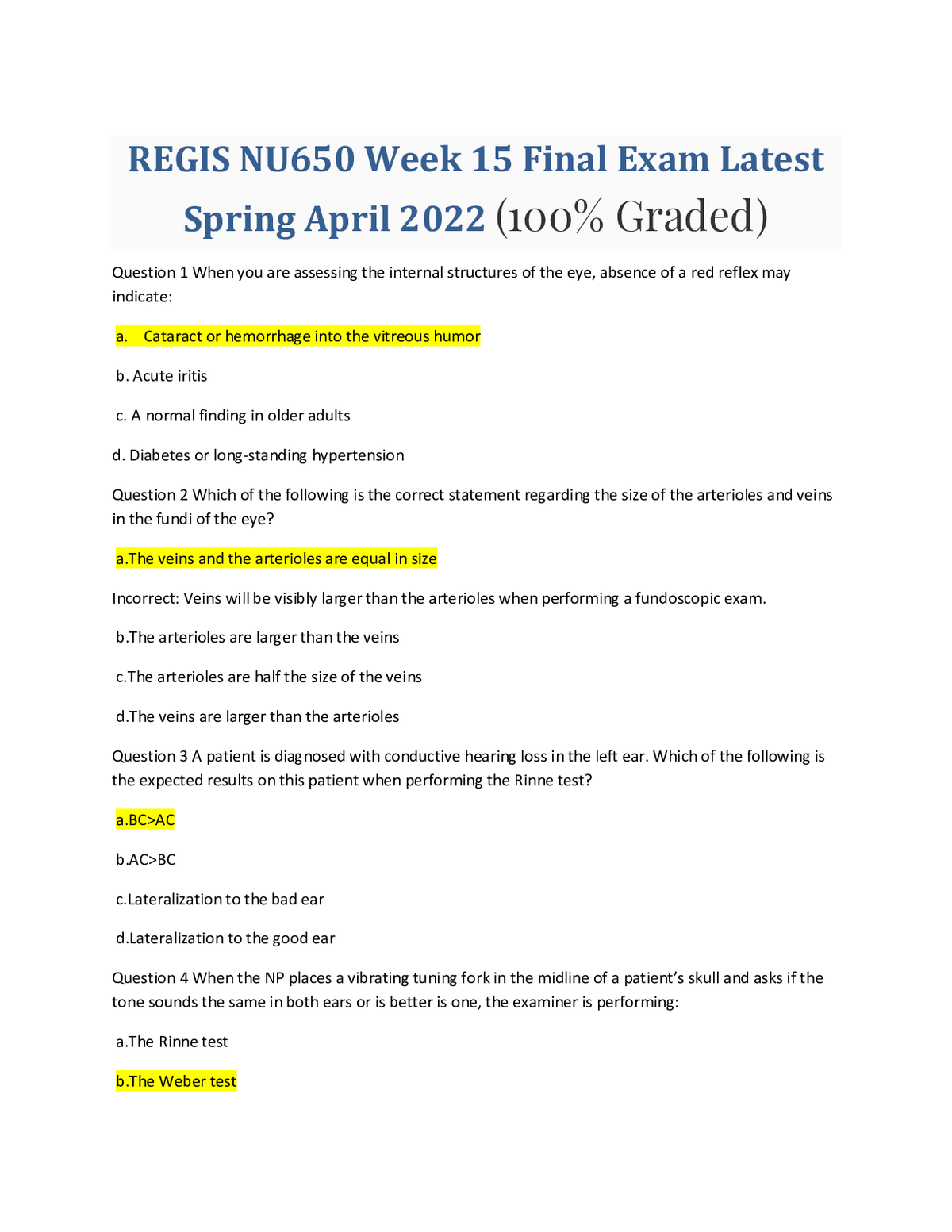 REGIS NU650/NU 650 Week 15 Final Exam Late Spring 2025 (100% Graded)