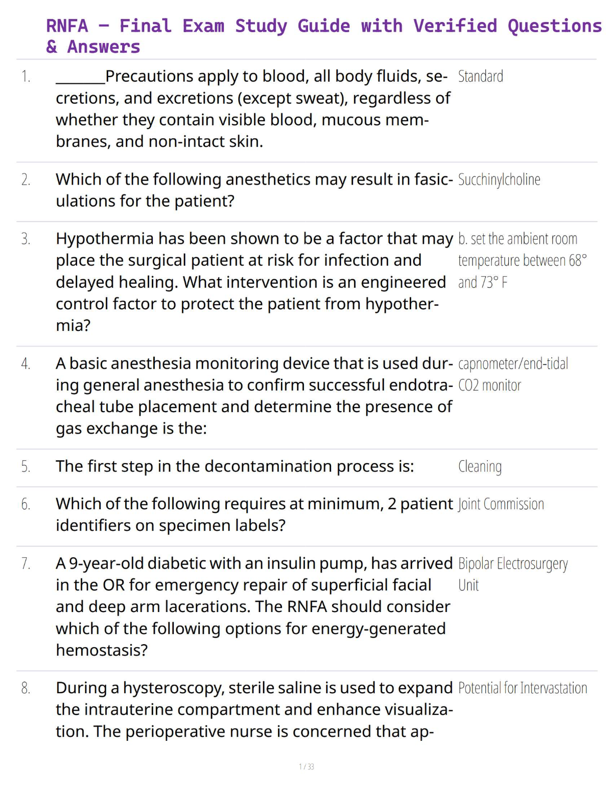 RNFA – Final Exam Study Guide with Verified Questions & Answers