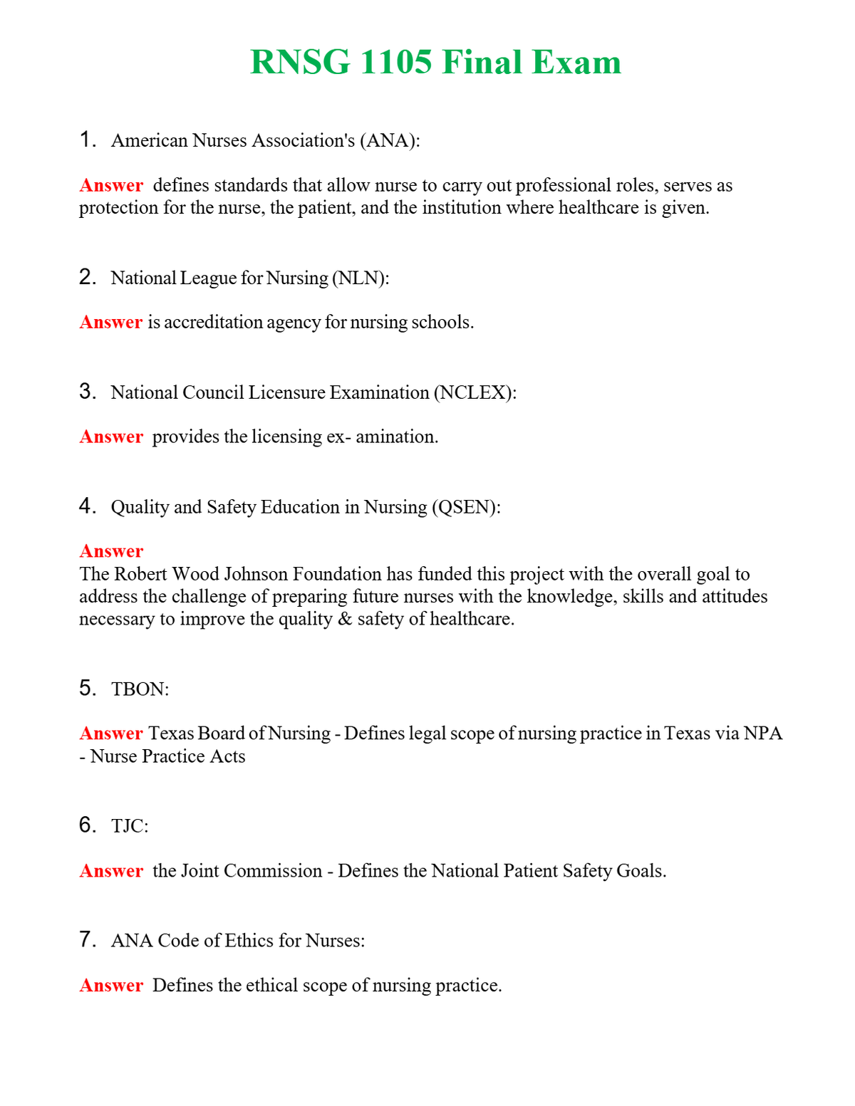 RNSG 1105 Final Exam | Actual Questions and Verified Answers ( Included ) 100% Correct