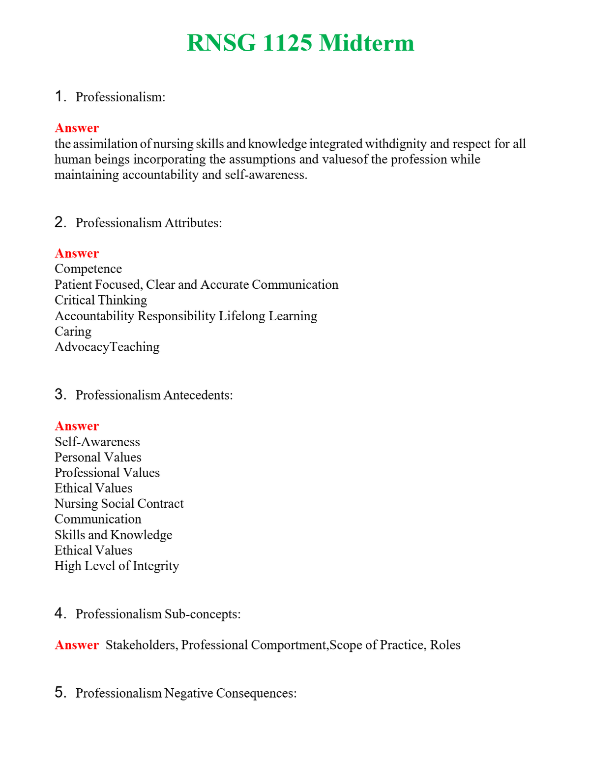 RNSG 1125 Midterm | Actual Questions and Verified Answers ( Included ) 100% Correct