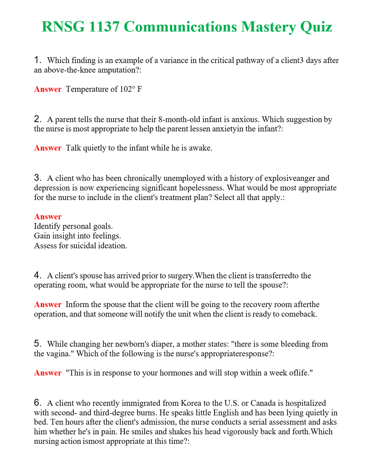 RNSG 1137 Communications Mastery Quiz | Actual Questions and Verified Answers ( Included ) 100% Correct