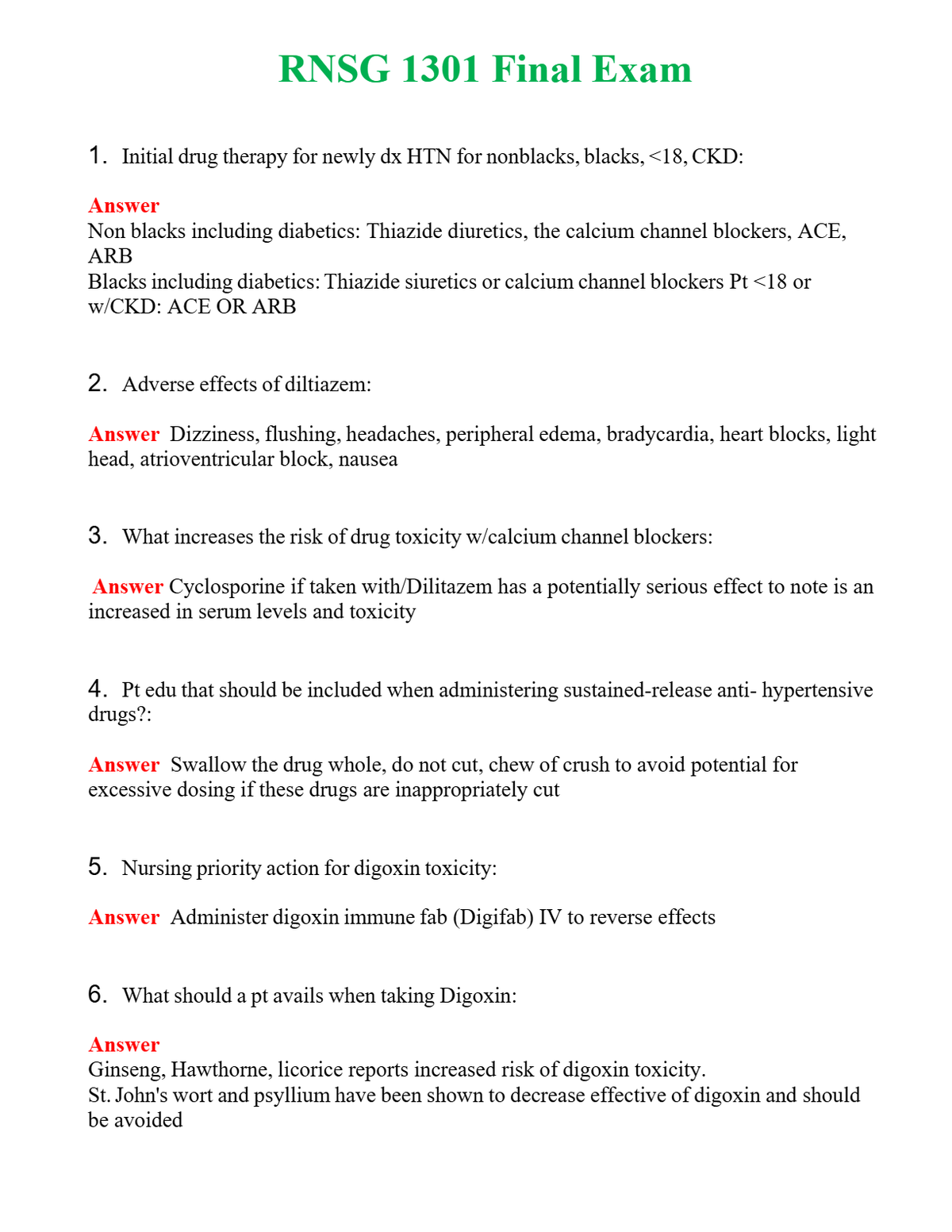 RNSG 1301 Final Exam | Actual Questions and Verified Answers ( Included ) 100% Correct