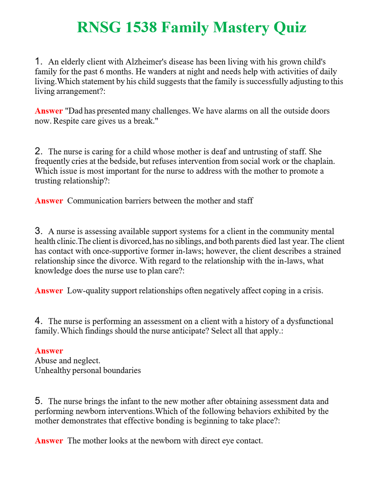 RNSG 1538 Family Mastery Quiz | Actual Questions and Verified Answers ( Included ) 100% Correct