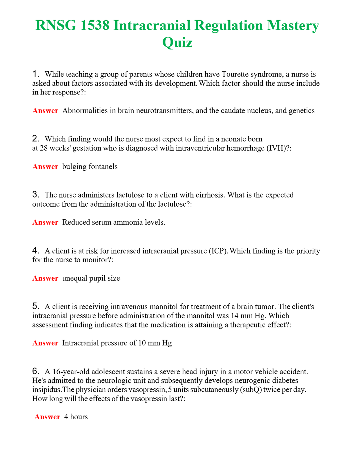 RNSG 1538 Intracranial Regulation Mastery Quiz | Actual Questions and Verified Answers ( Included ) 100% Correct