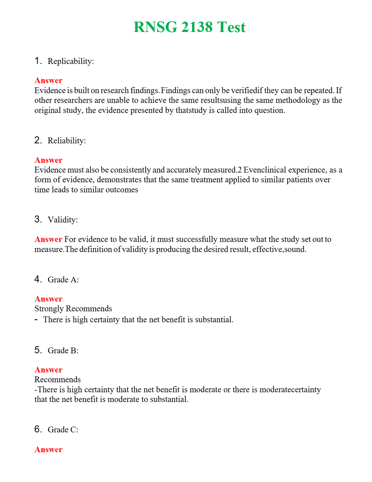RNSG 2138 Test | Actual Questions and Verified Answers ( Included ) 100% Correct