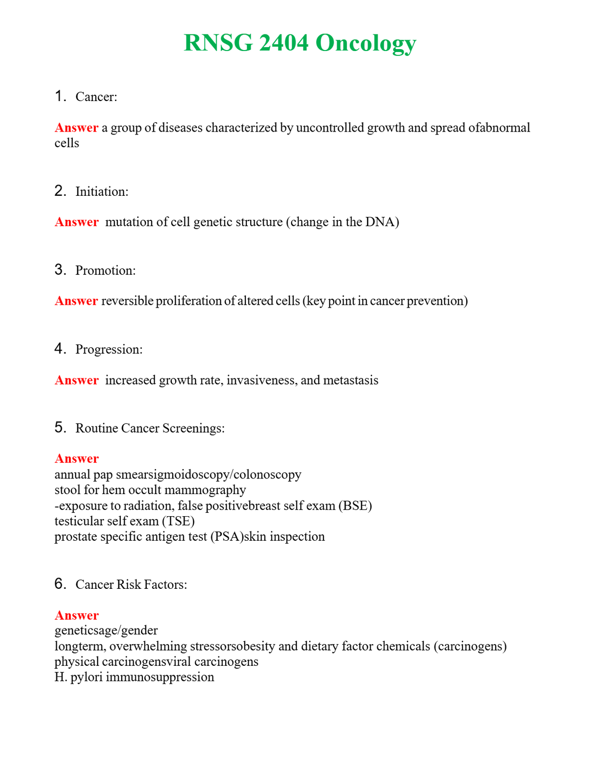 RNSG 2404 Oncology | Actual Questions and Verified Answers ( Included ) 100% Correct
